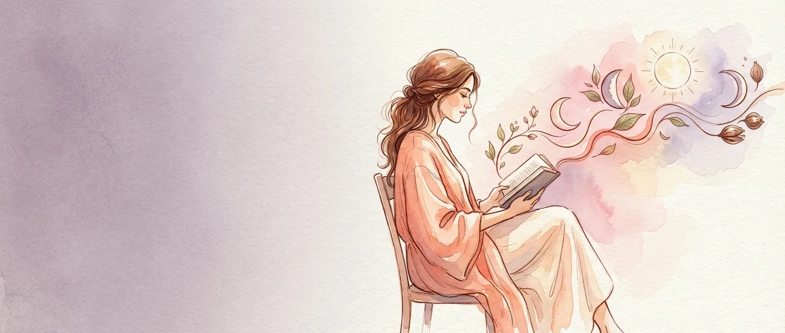 Ilustración de una mujer leyendo, con hojas y fases lunares